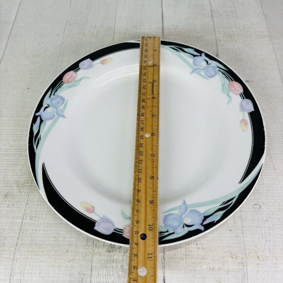 Excel CARAVEL Pink Purple Floral Iris Tulips Black Border Dinner Plates Set of 4 - Picture 11 of 16